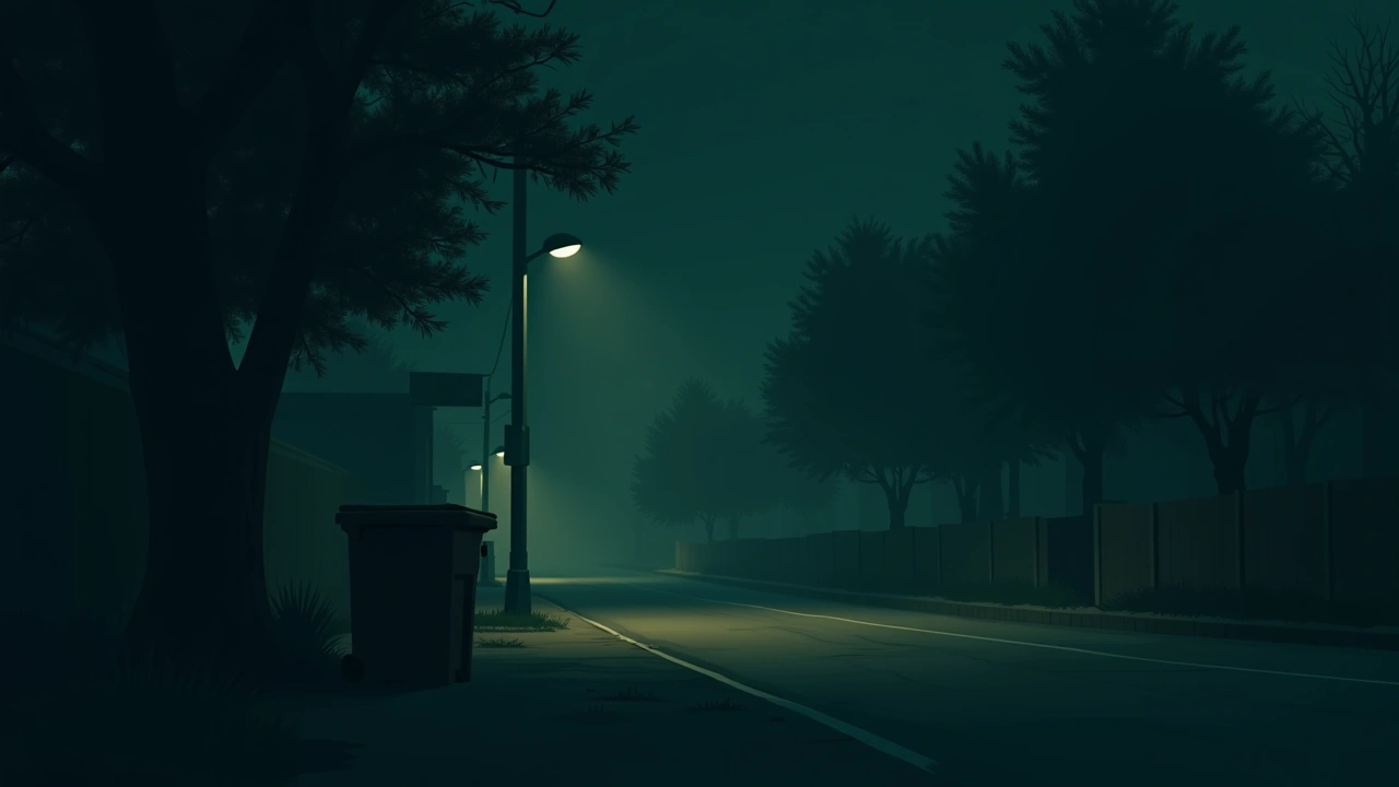 Illustration: a row of rubbish bins on a quiet street at dusk.