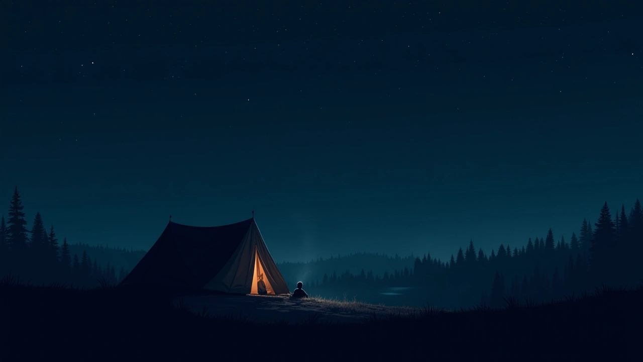 Illustration: A dark campsite tent glowing from within under a star-filled sky, still night air.