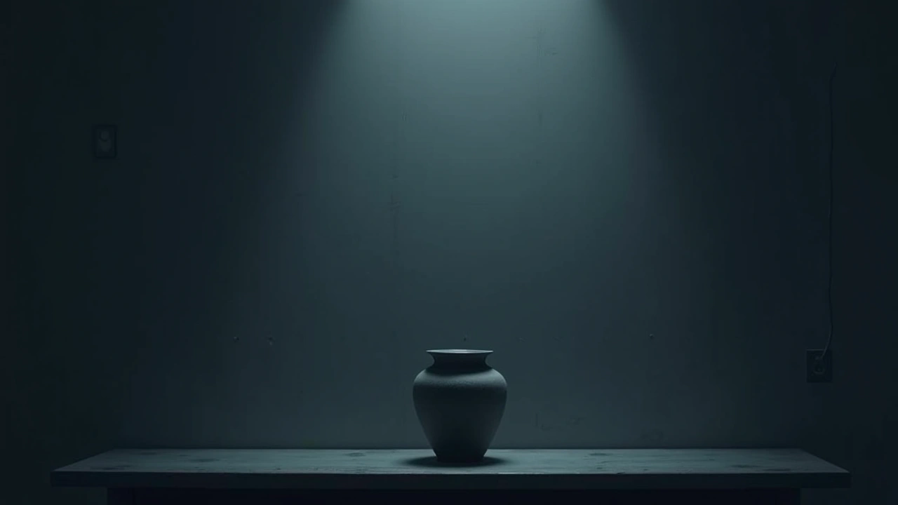 Illustration: an urn resting on a shelf in a dim, quiet room.