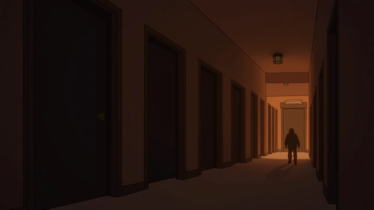 Illustration: a dim hallway with several doors, walked through room by room at night.