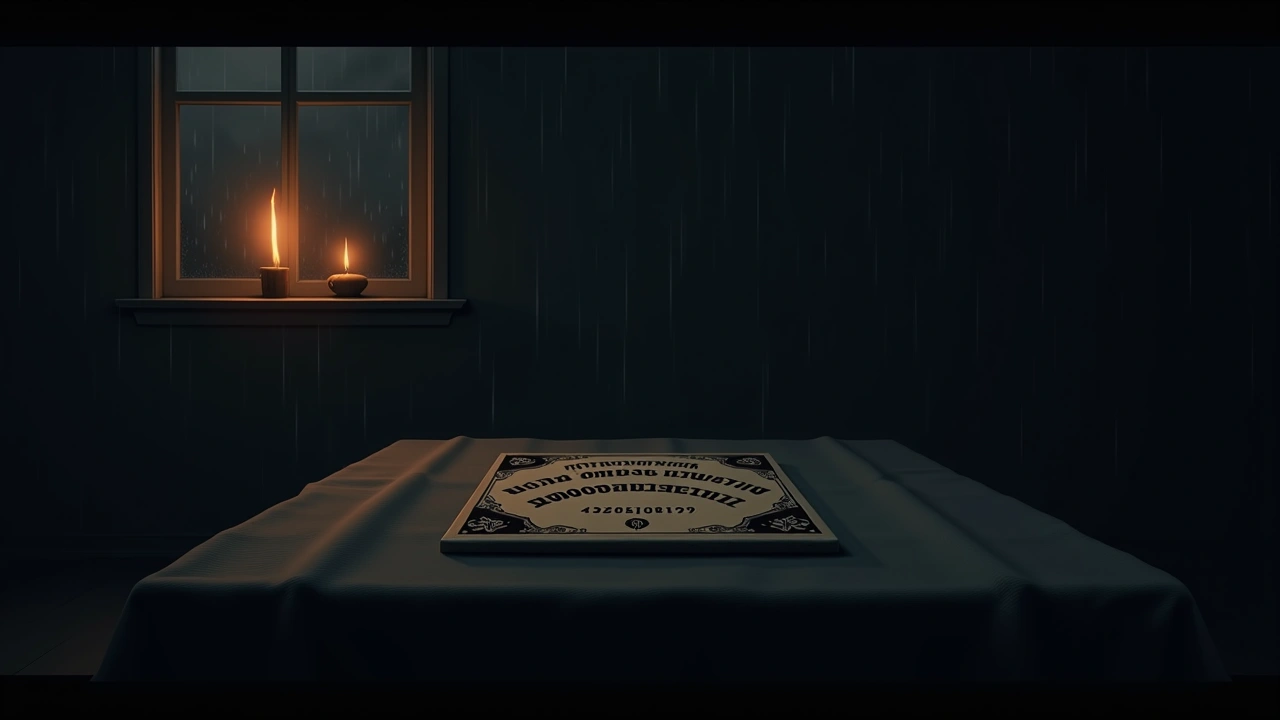 Illustration: A ouija board on a table during a stormy night, rain streaking a nearby window.