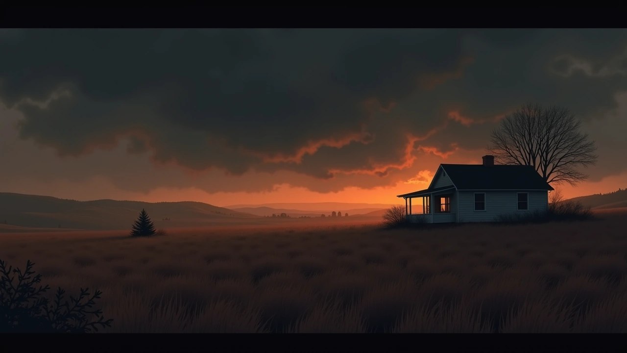 Illustration: an open field beside a house under a stormy night sky.