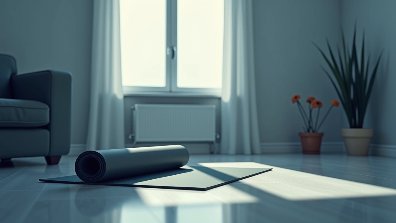 Illustration: a rolled-out yoga mat on a living room floor, morning light through a window.