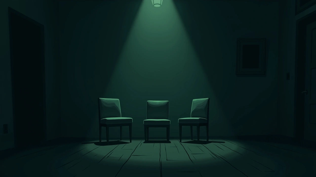 Illustration: a dim living room at night, chairs pulled into a circle.