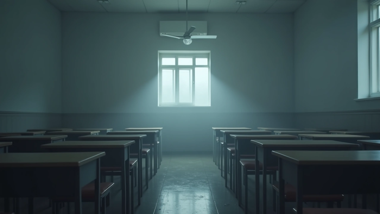 Illustration: an empty classroom with rows of desks, dim afternoon light.