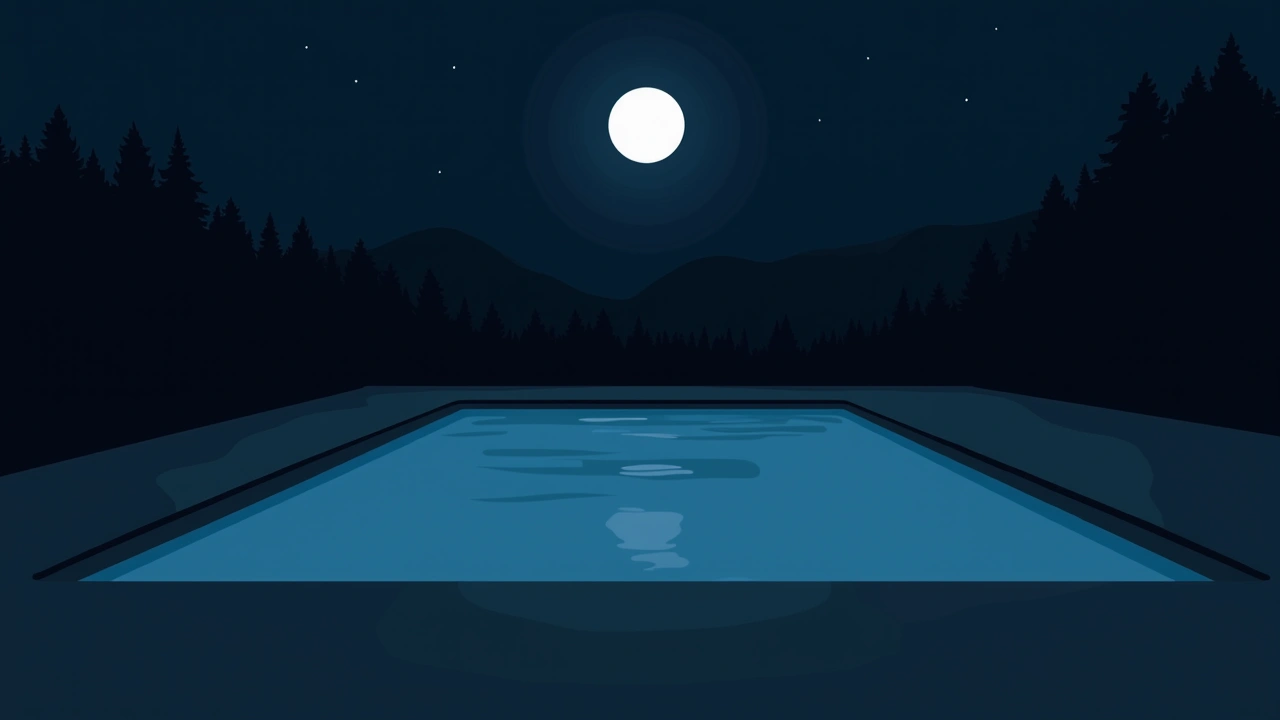 Illustration: an outdoor swimming pool covered overnight, still water under moonlight.
