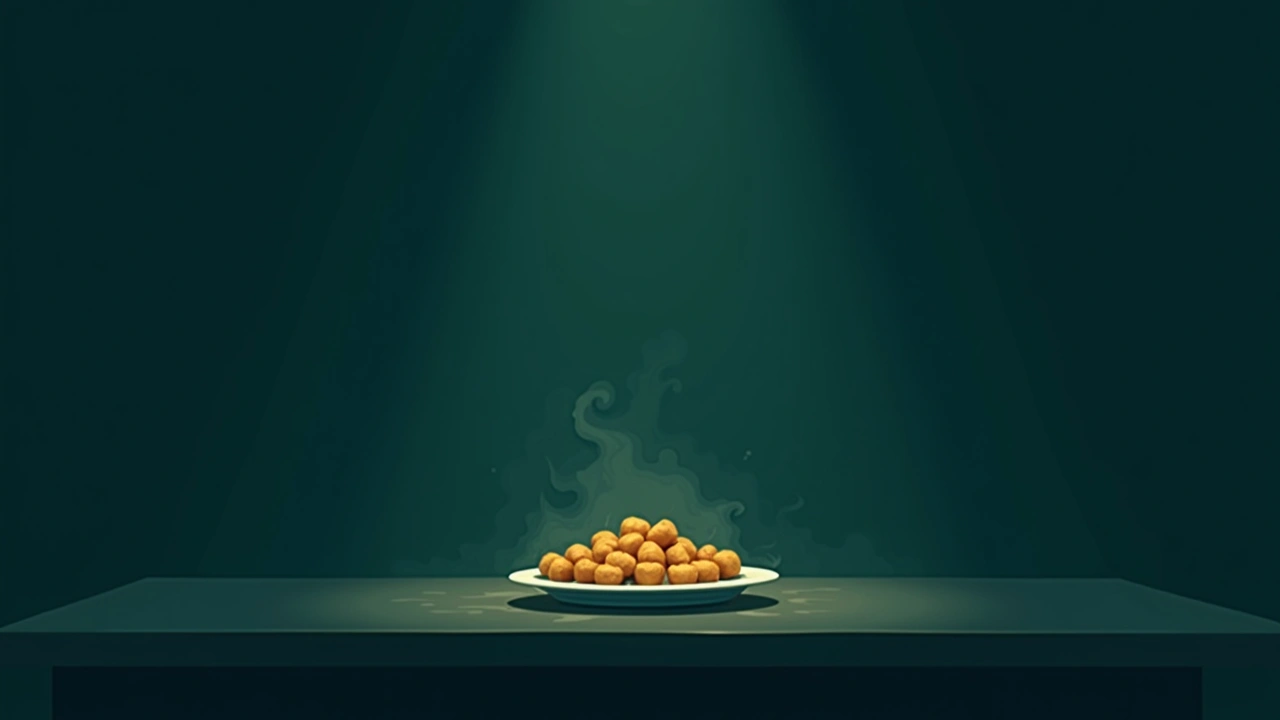 Illustration: A plate of tater tots on a kitchen table, dimly lit.
