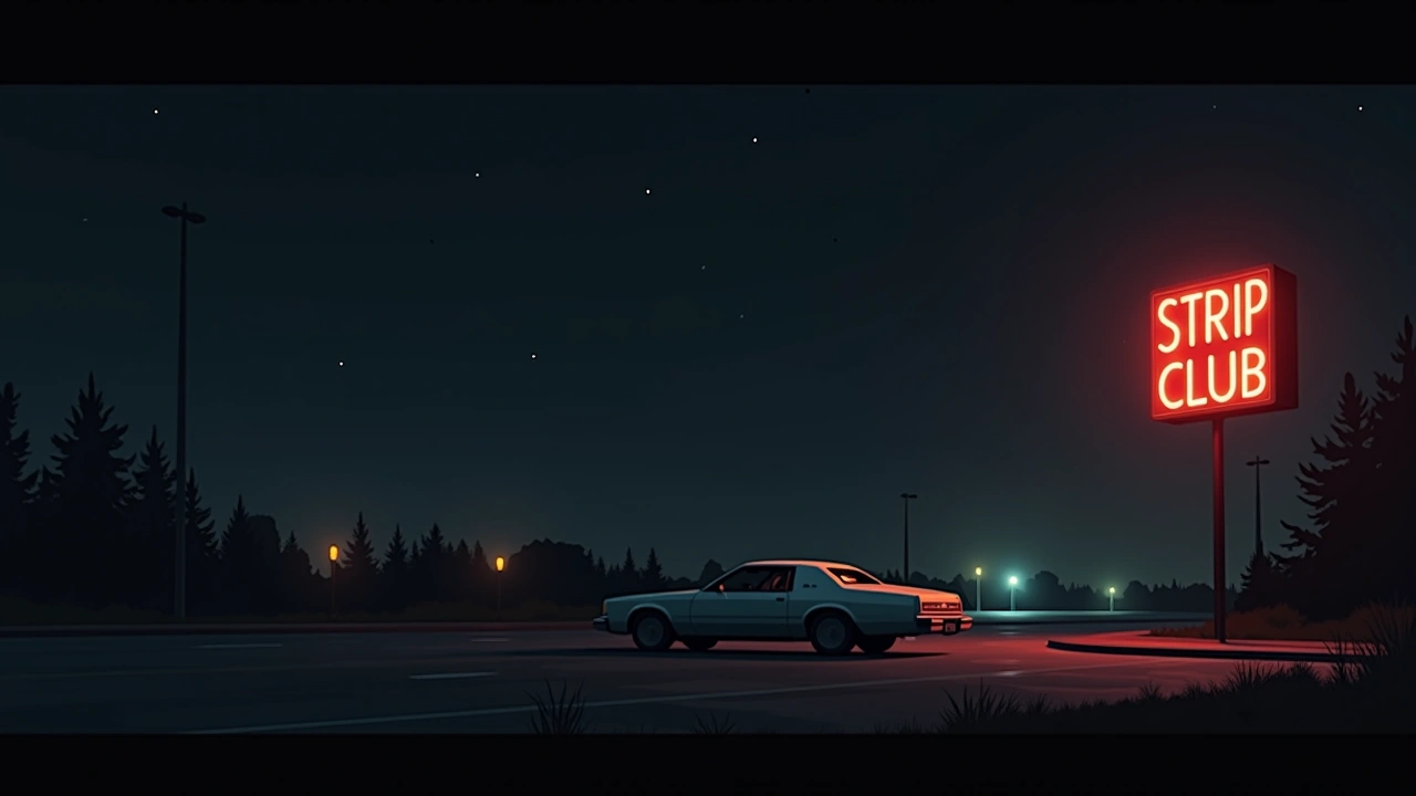 Illustration: a car stopped in traffic at night next to a glowing strip club sign.