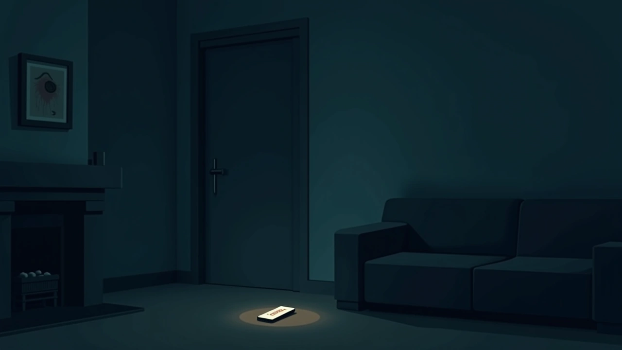 Illustration: a dim living room in a house at night, a phone glowing on a coffee table displaying a strange word.