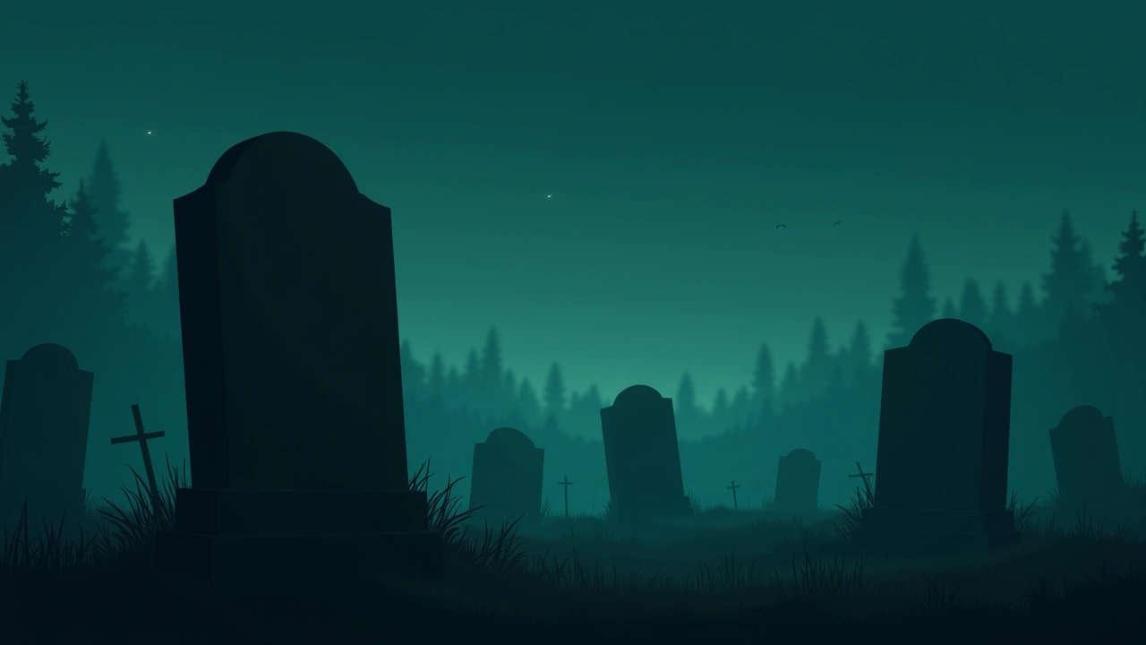 Illustration: A gravestone in a quiet cemetery at dusk.