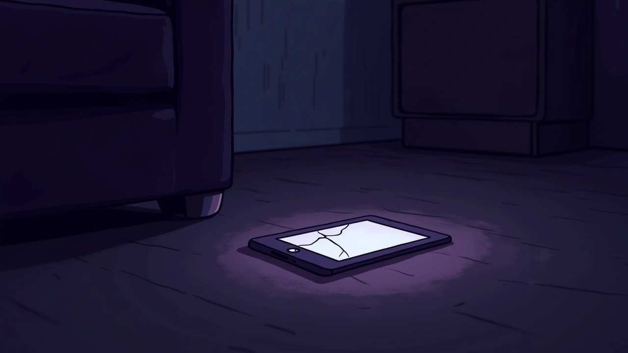 Illustration: a child's tablet with a cracked protective case on a living room floor.