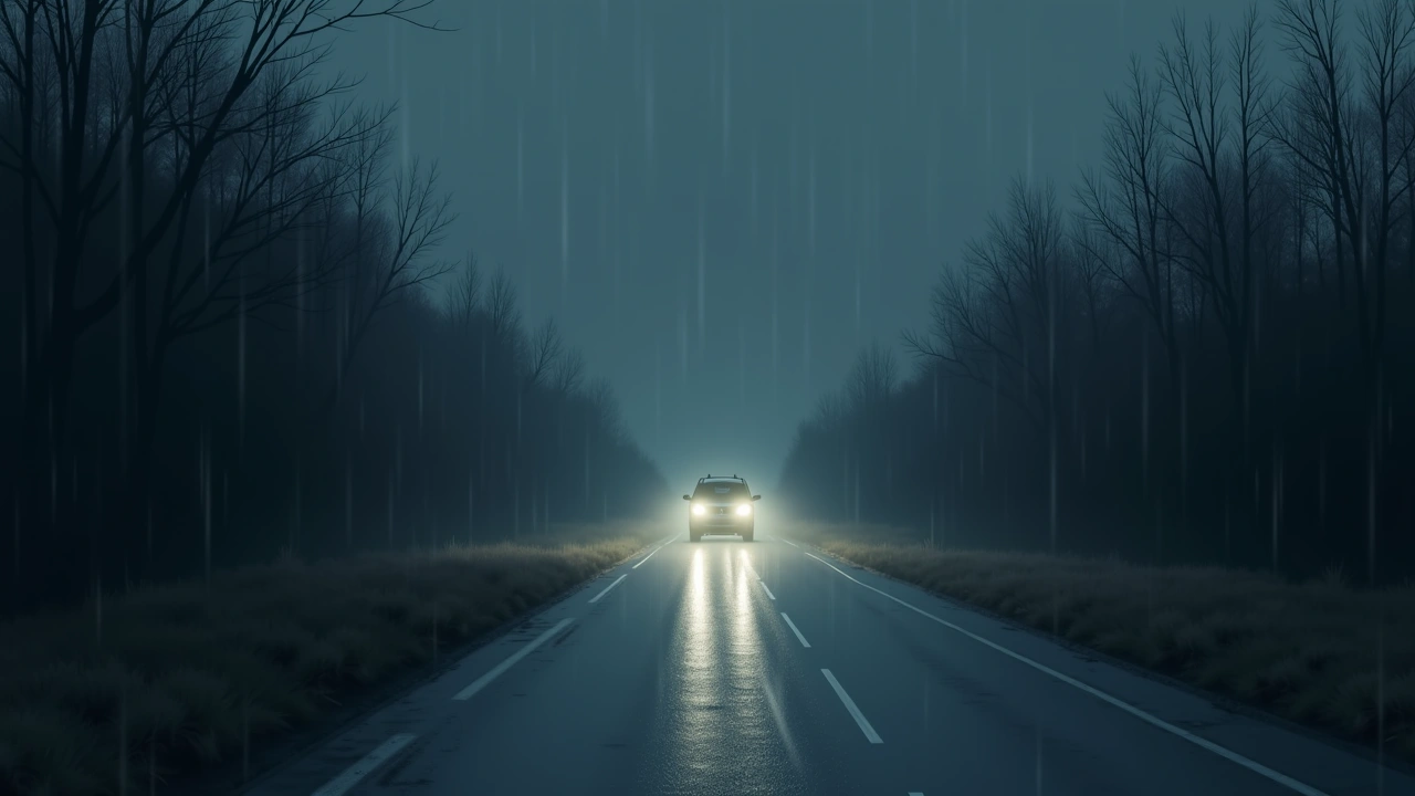 Illustration: a rain-slicked road at night with car headlights.
