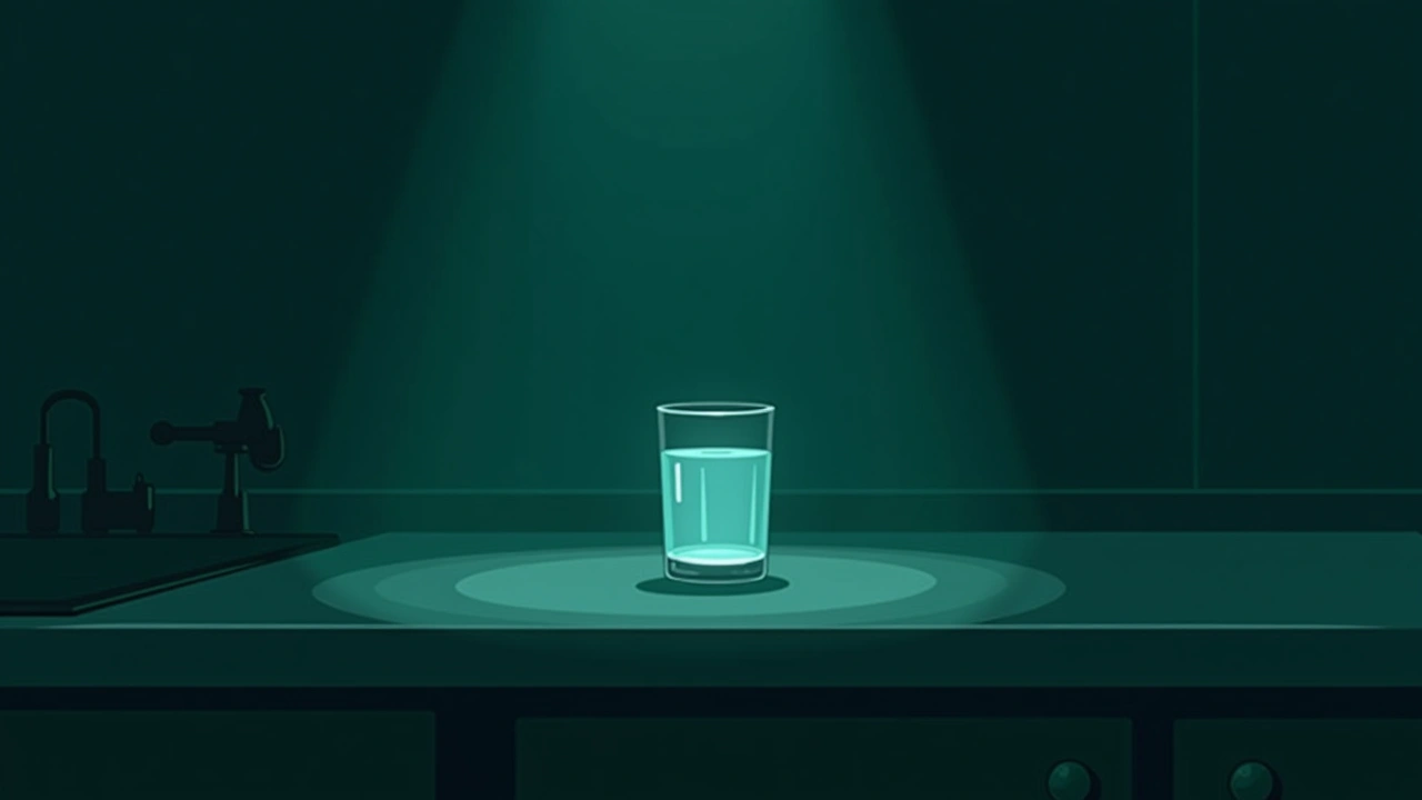 Illustration: a glass of water on a kitchen counter at night.