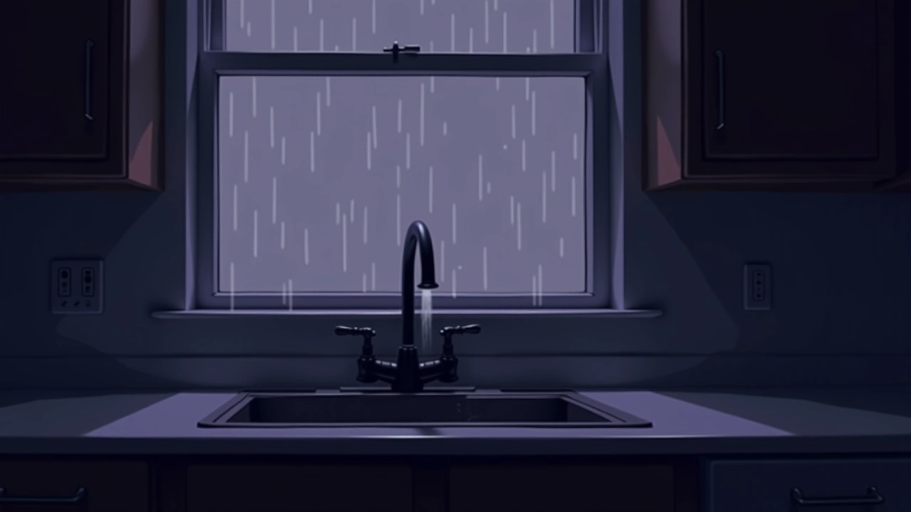 Illustration: a kitchen tap running into a sink beside a rain-streaked window.