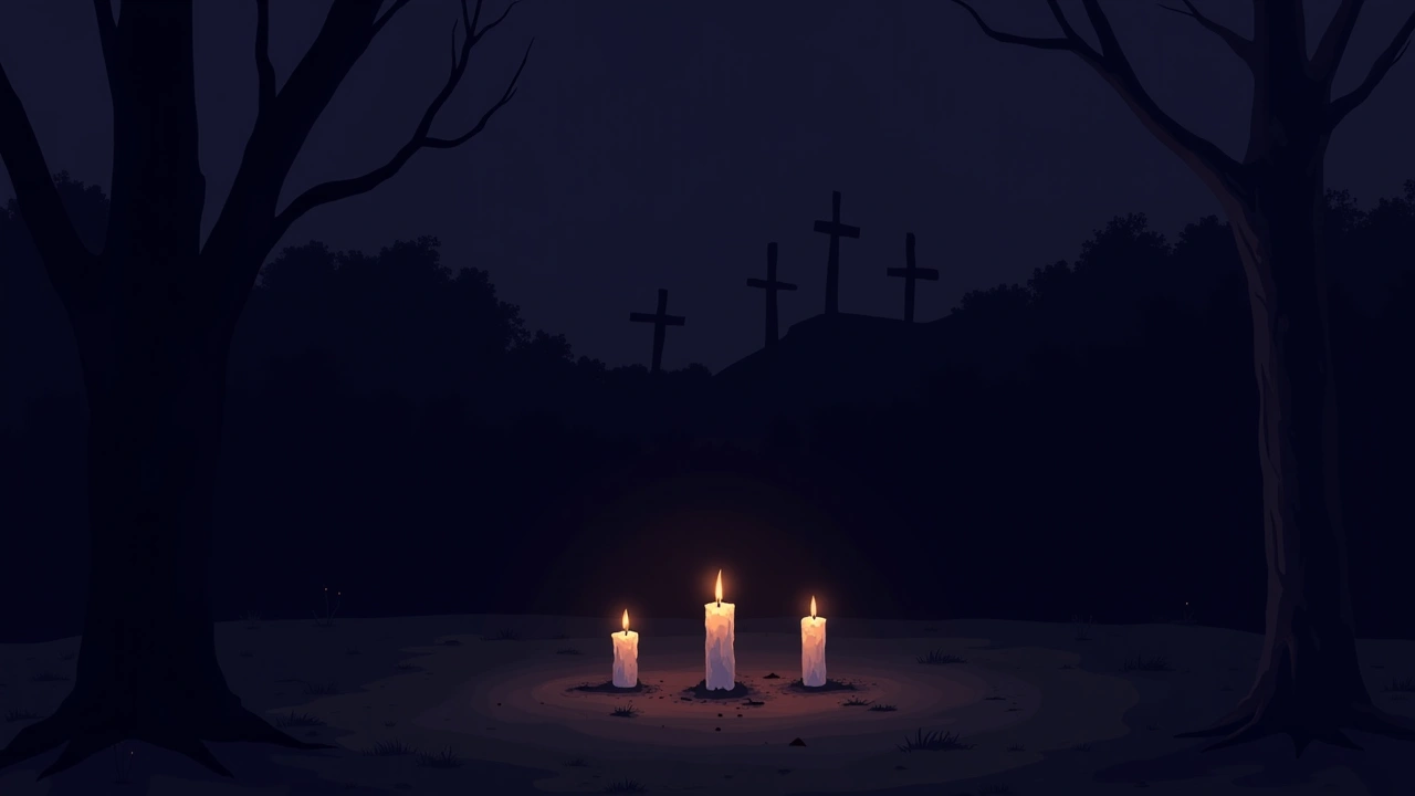 Illustration: a few lit candles outside at night, in a dark yard.