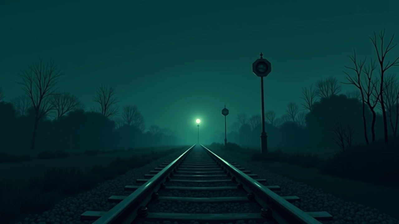 Illustration: an empty railway track at dusk with a distant signal light.