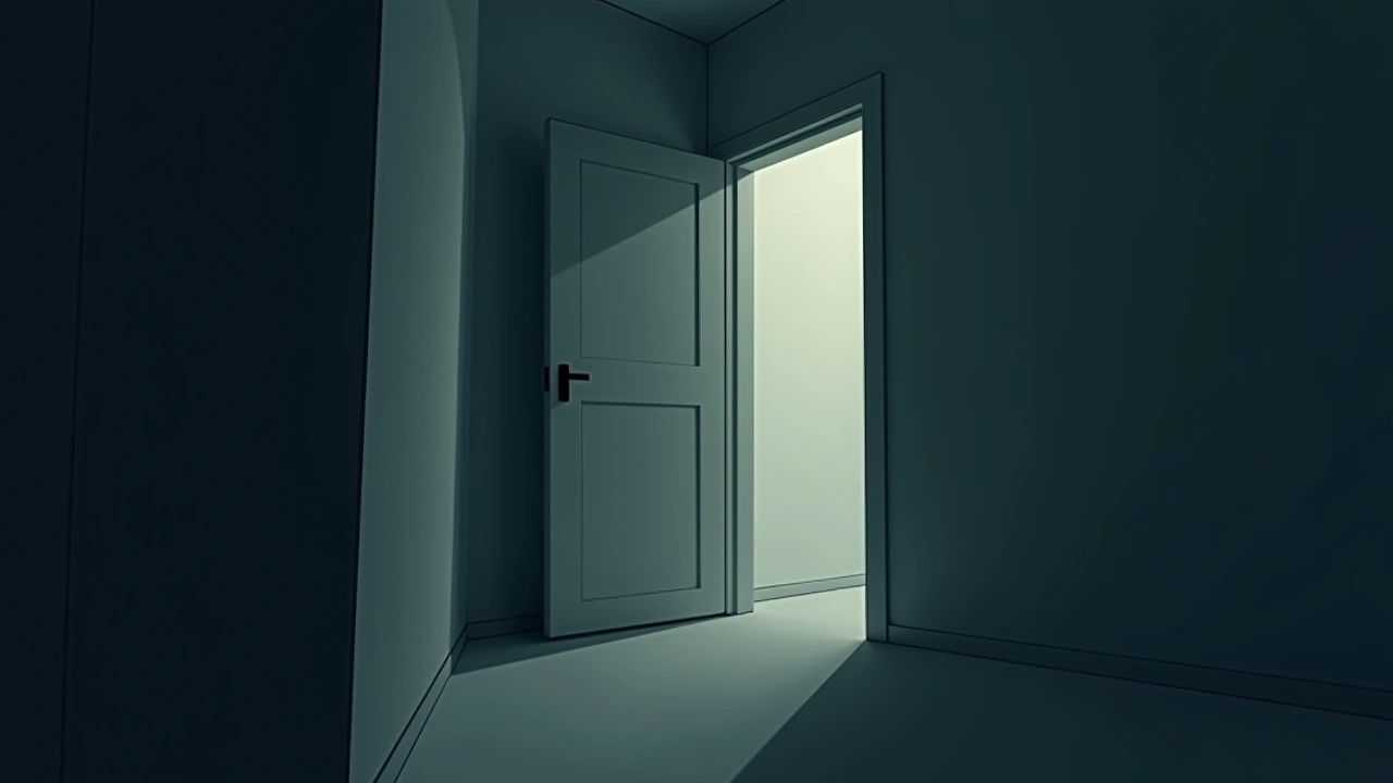 Illustration: a quiet home hallway at night, soft light spilling from another room.