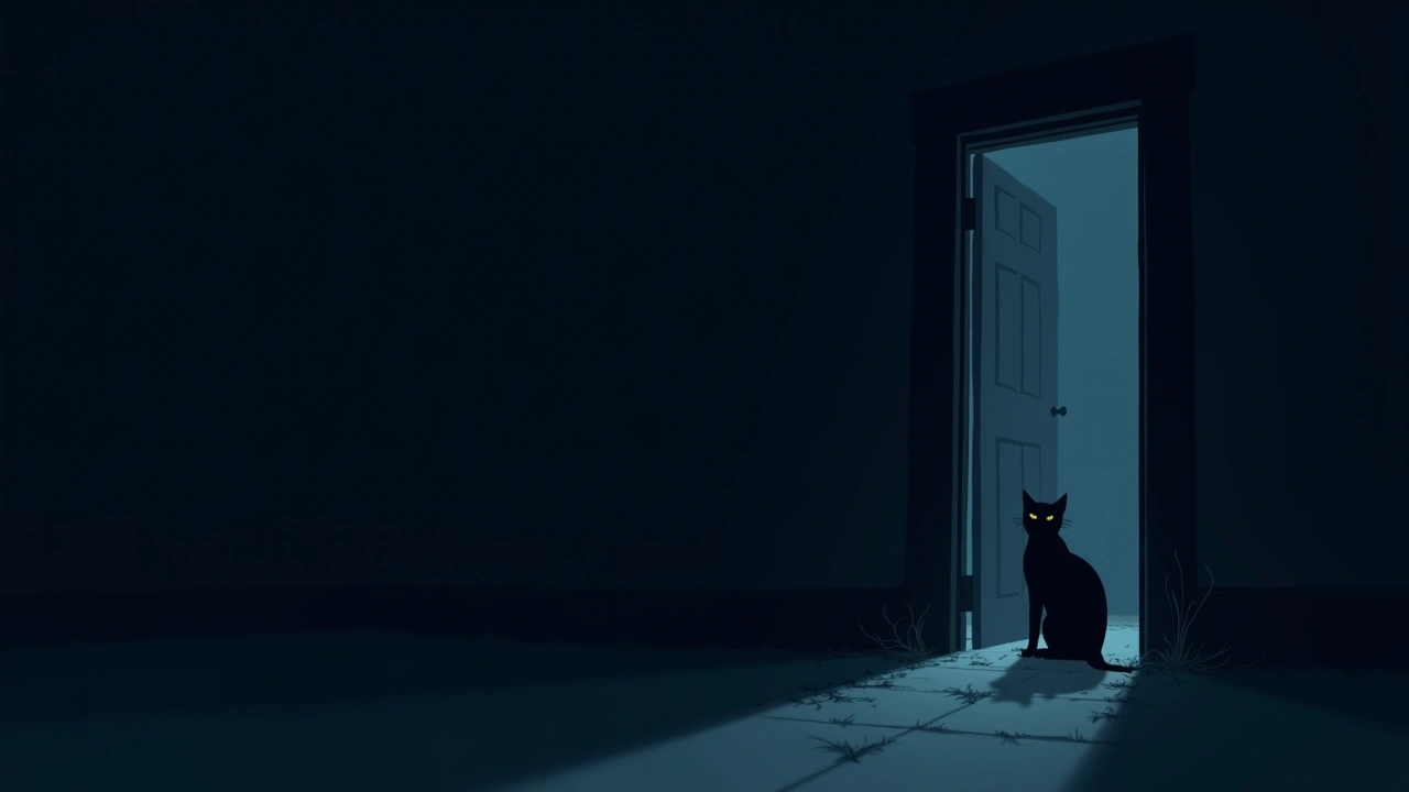 Illustration: a house doorway at night with a cat sitting nearby, watching.