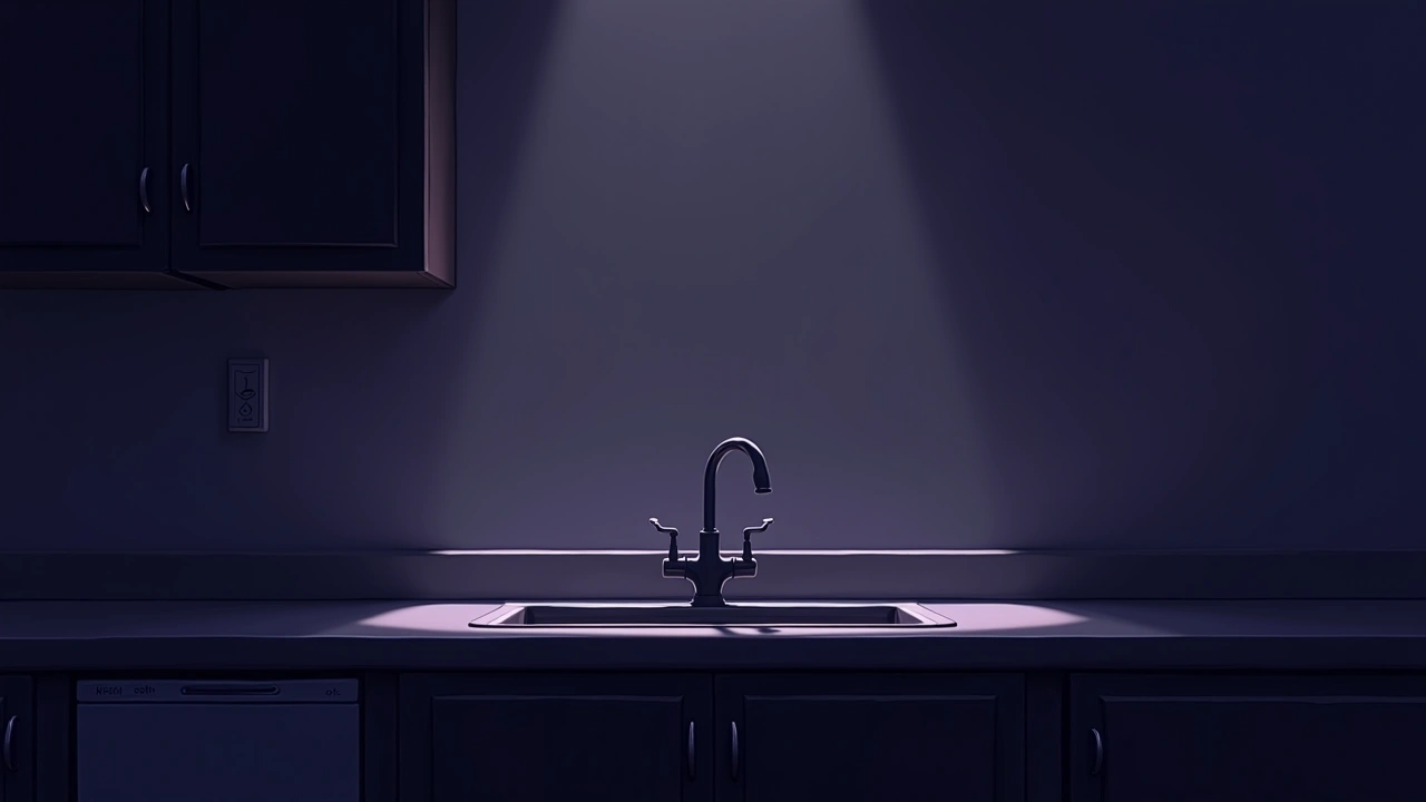 Illustration: a kitchen sink faucet at night, dim ambient light.