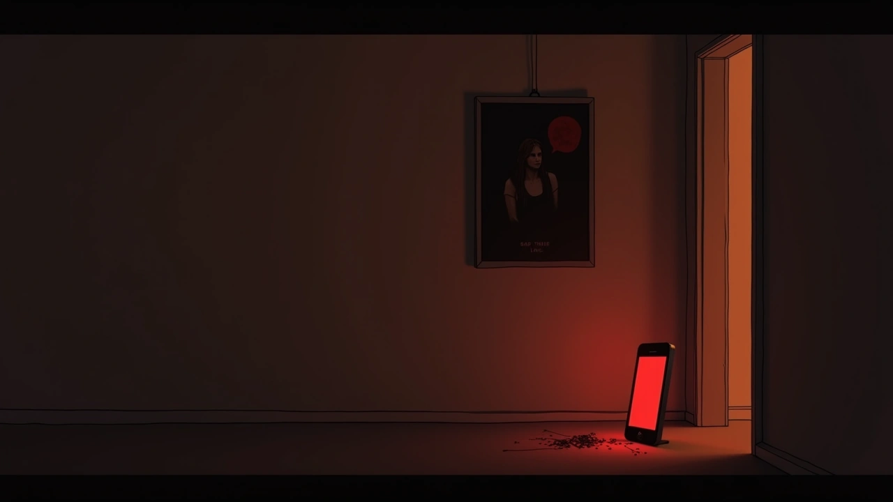 Illustration: a red-glowing phone screen beside a framed prayer hanging on a wall in a dim room.