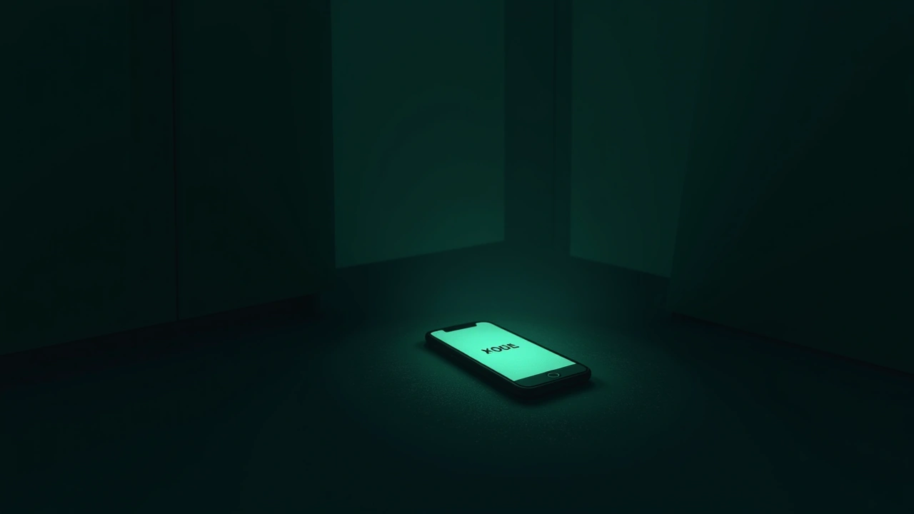 Illustration: a phone screen glowing faintly in a dark room, displaying a single eerie word.