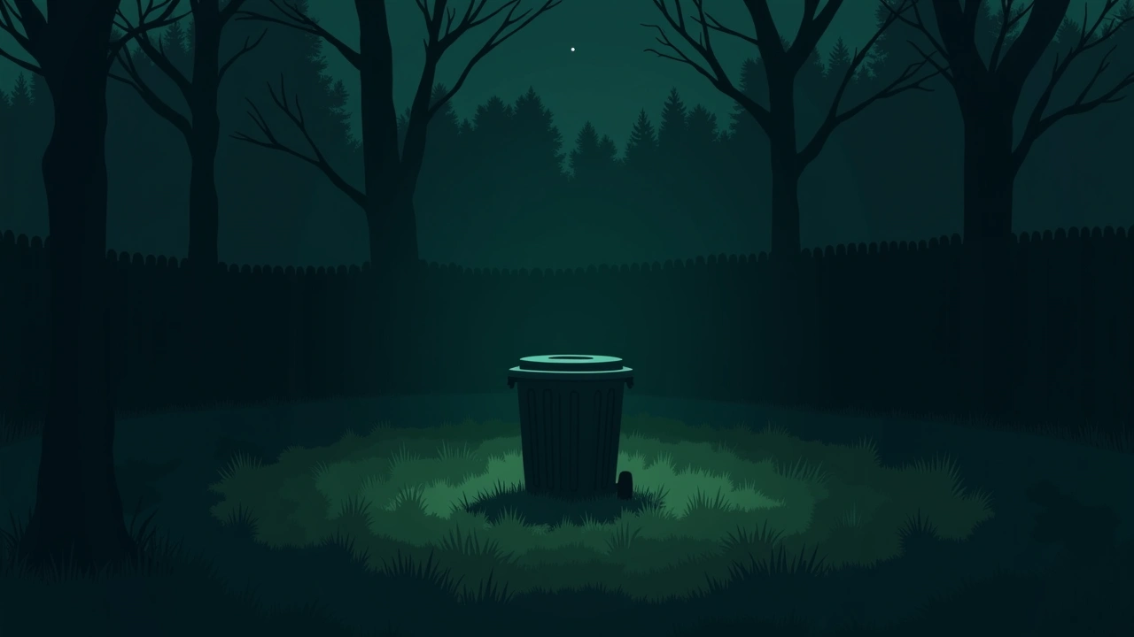 Illustration: A small trash can sitting in a grassy backyard at dusk.