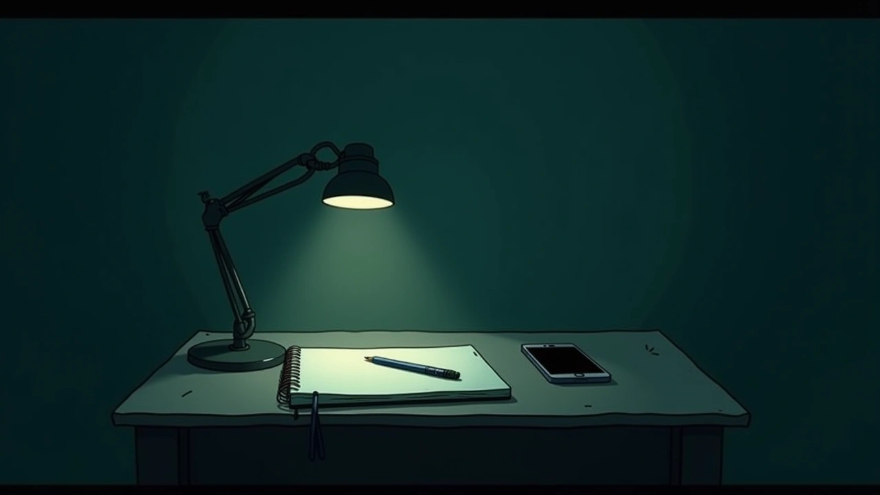 Illustration: a sketchbook and pencil on a table in a dim room, a phone glowing nearby.