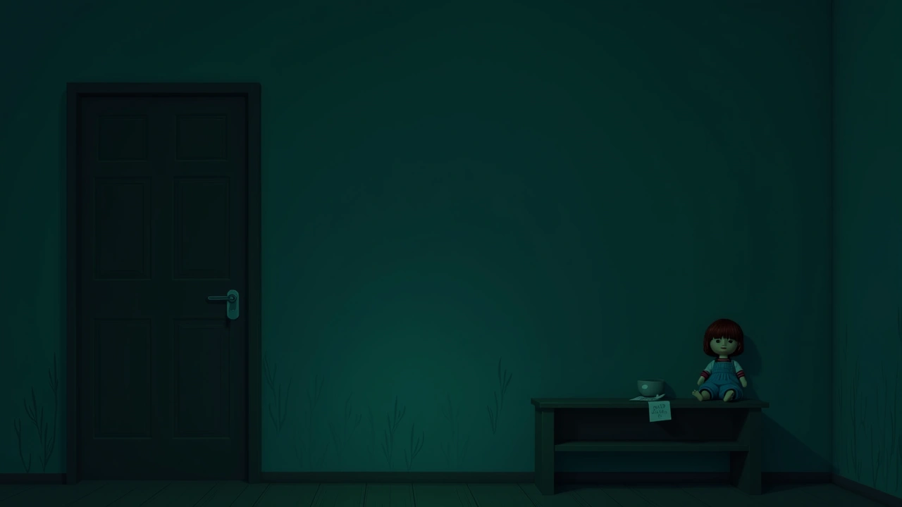 Illustration: A doll sitting on a shelf in a quiet, dim bedroom at night.