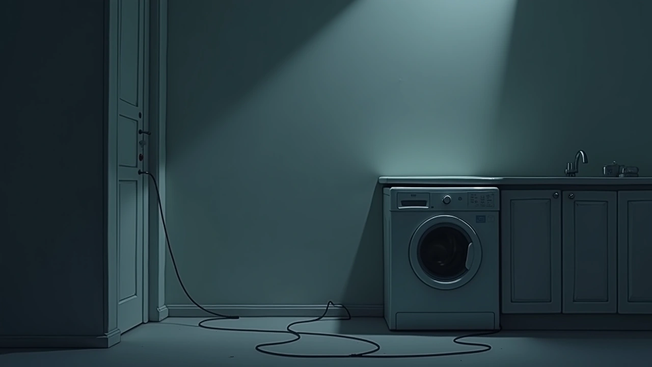 Illustration: a washing machine hooked up to a kitchen sink with a loose wire.