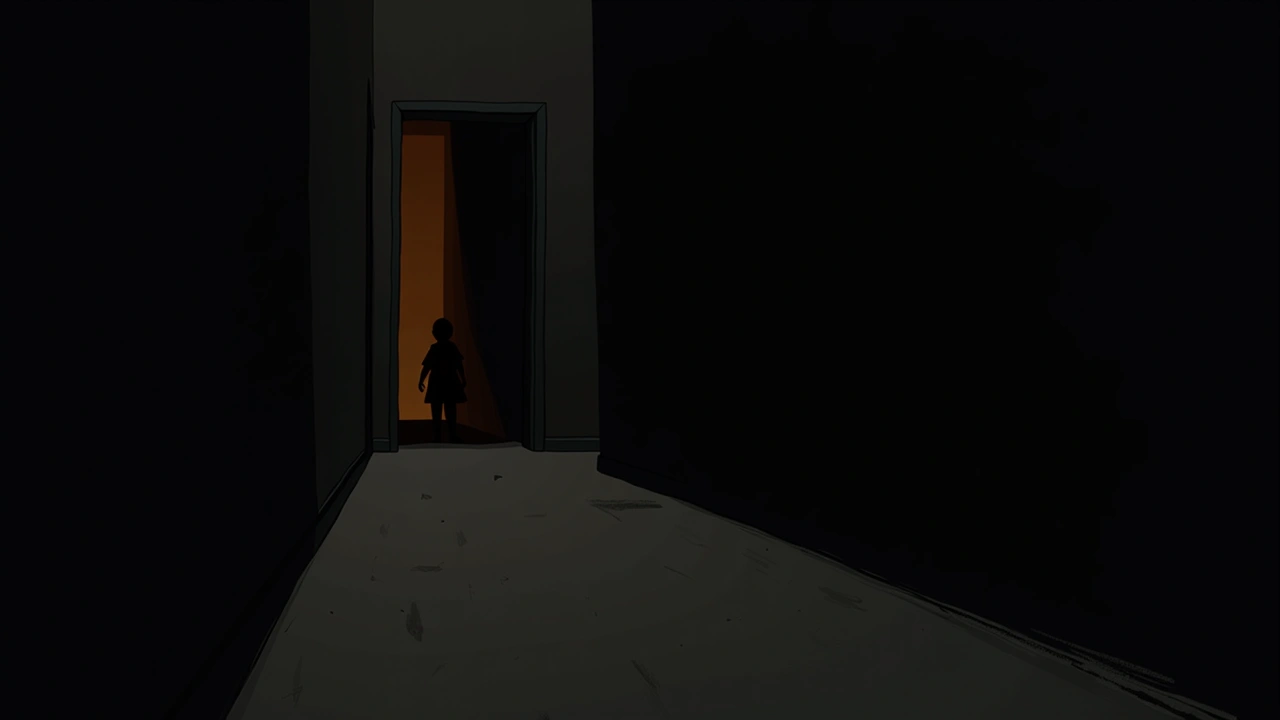 Illustration: a large dark shadow along a hallway wall at night.