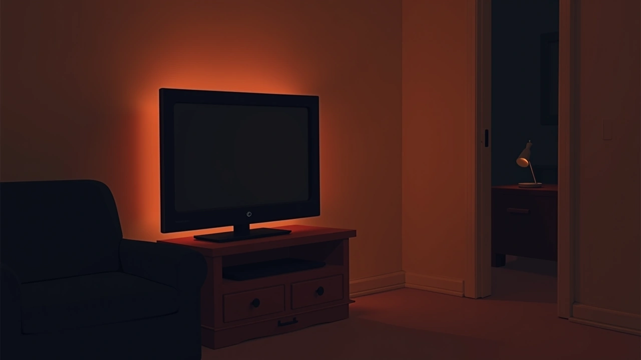 Illustration: A living room TV switching off on its own, the screen going dark.