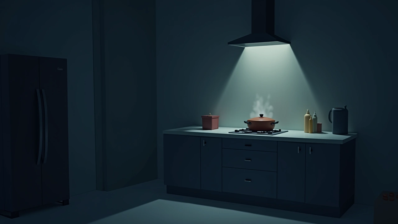 Illustration: a warm kitchen at night with something simmering on the stove.