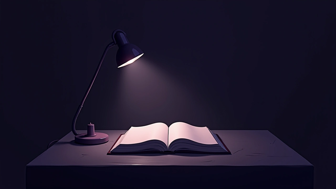 Illustration: an open Bible on a table in a dim room, a single lamp casting low light.