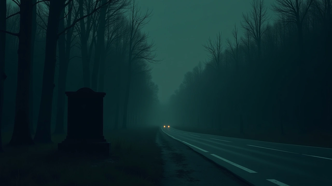 Illustration: an old stone historical marker along a quiet roadside at dusk.