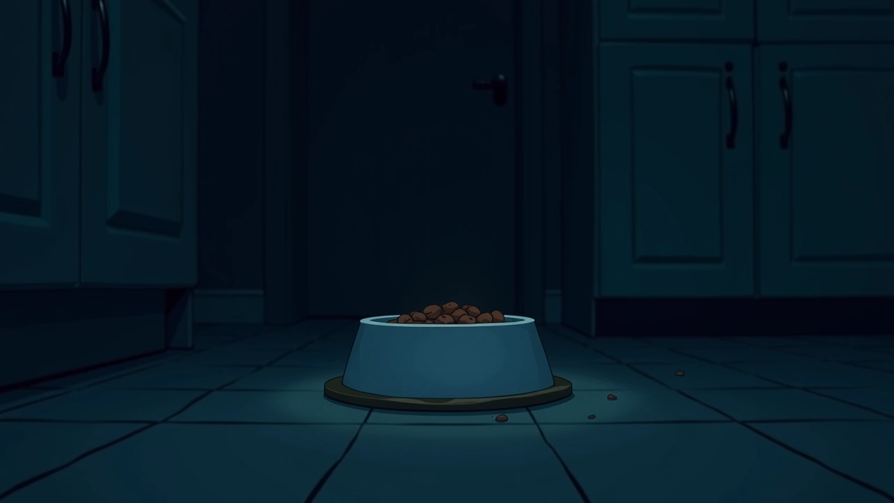 Illustration: a dog's food bowl on a kitchen floor at night.