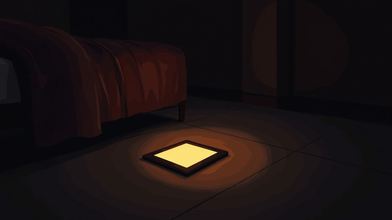 Illustration: A tablet lying on the floor beside a bed, its screen glowing in a dark room.