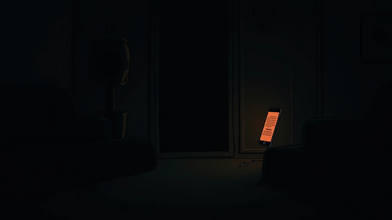 Illustration: a phone screen glowing with text in a dim living room at night.