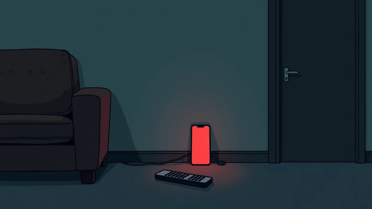 Illustration: a TV remote on a couch beside a phone glowing red in a dim living room.