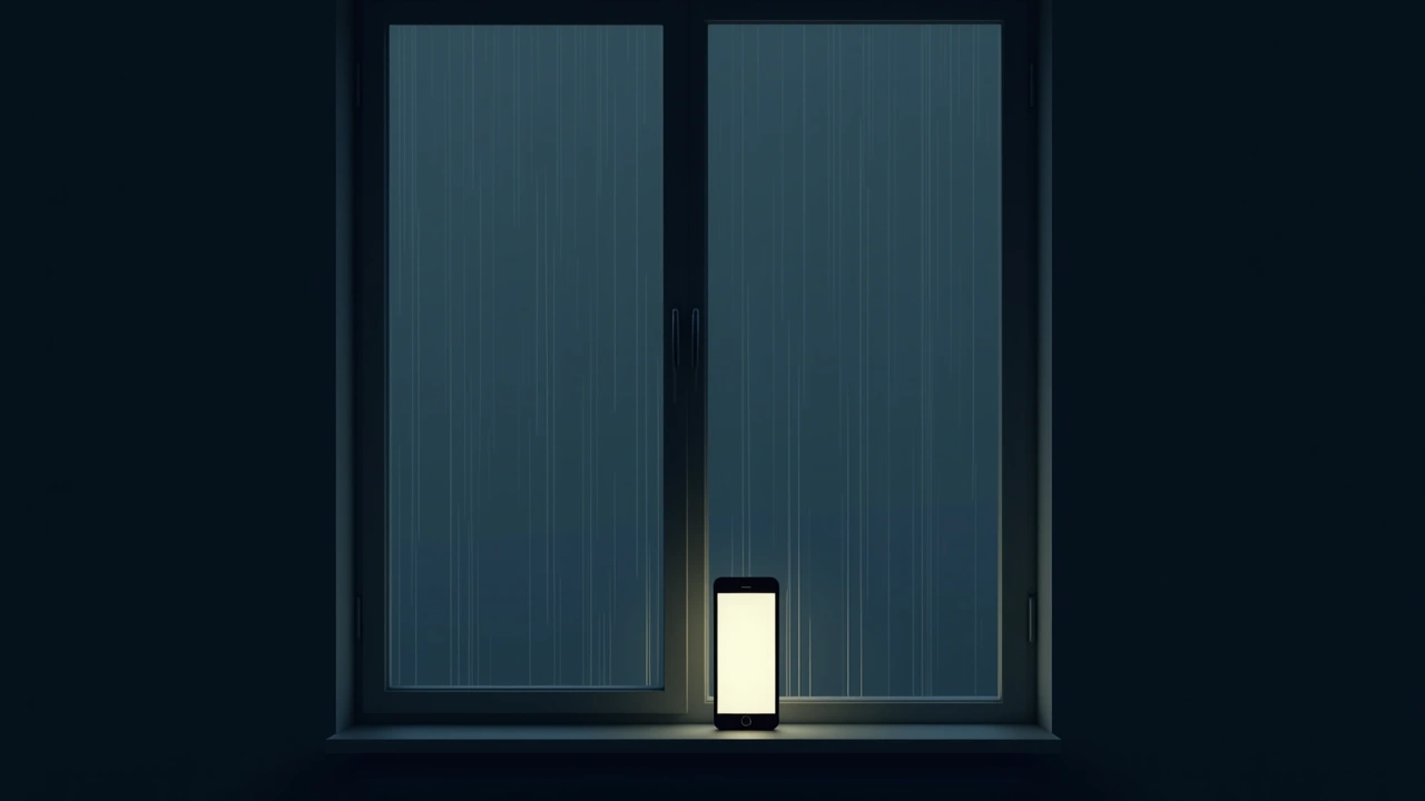 Illustration: rain streaking down a window at night with a glowing phone screen inside.