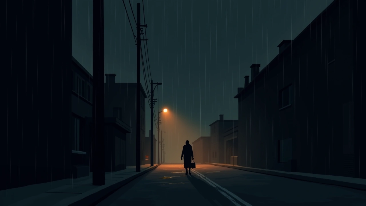 Illustration: rain beginning to fall on a quiet, dark street at night.