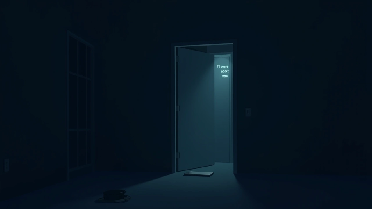 Illustration: a phone glowing with text in a dim, quiet apartment room at night.