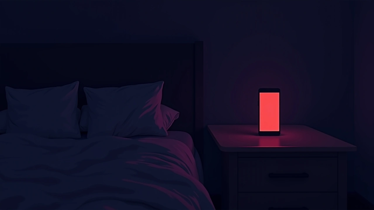 Illustration: A dark bedroom at night, a phone with a red glowing screen on the nightstand.