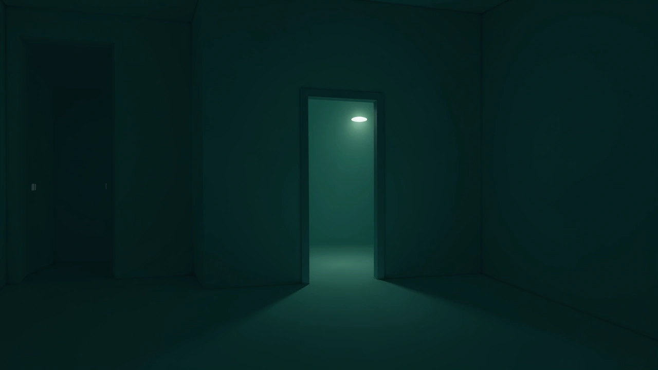 Illustration: a dark room with the lights just gone out, a faint phone glow the only light.