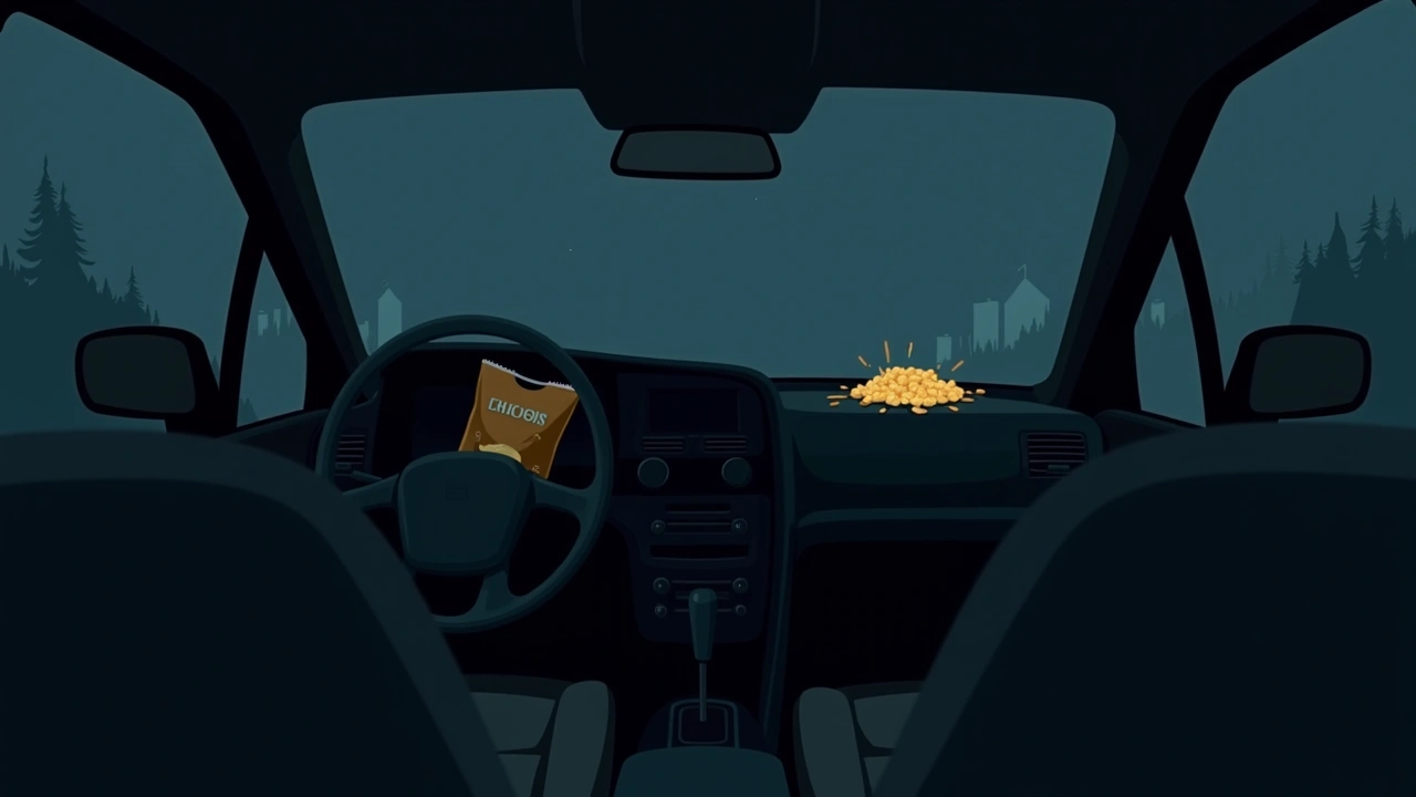 Illustration: A parked car at night, a bag of chips on the passenger seat, a phone glowing on the dashboard.
