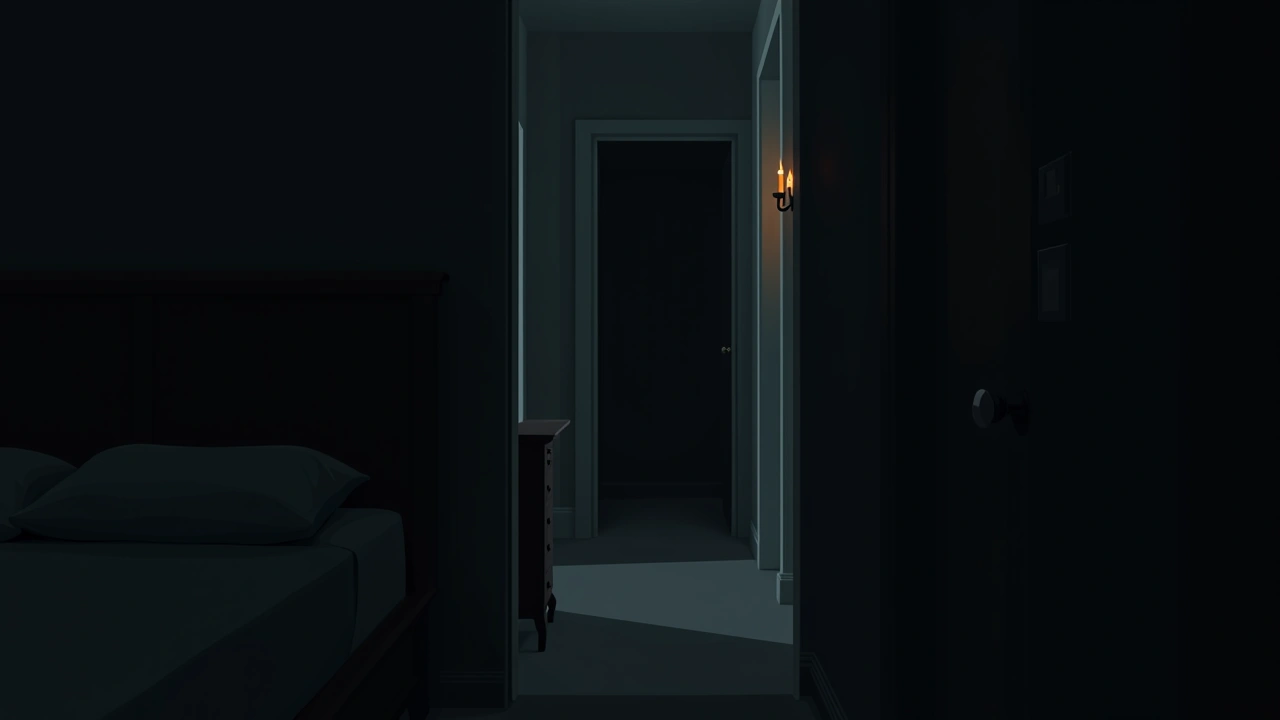 Illustration: a dark bedroom mirror reflecting a dim, empty hallway at night.