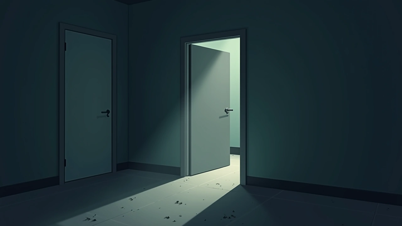 Illustration: a dim, abandoned nursing home hallway leading to a closet door, flashlight beam cutting through dust.