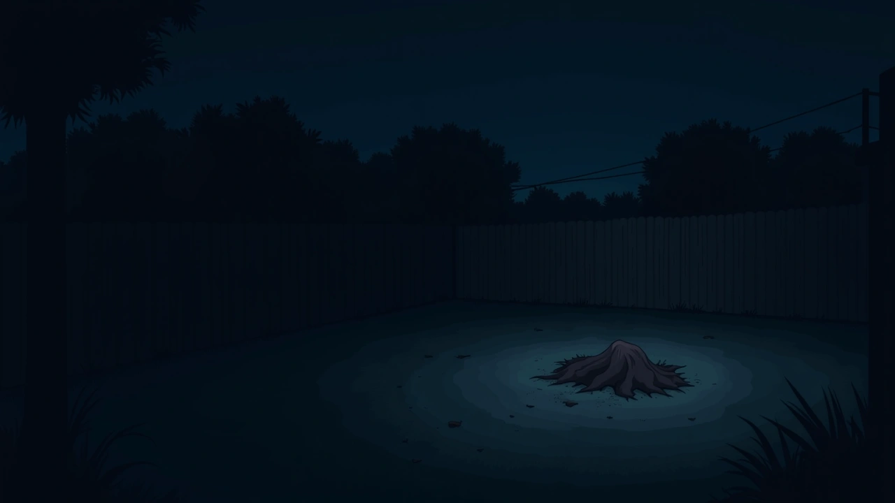 Illustration: a dark backyard at night with a patch of bare earth beside a fence.