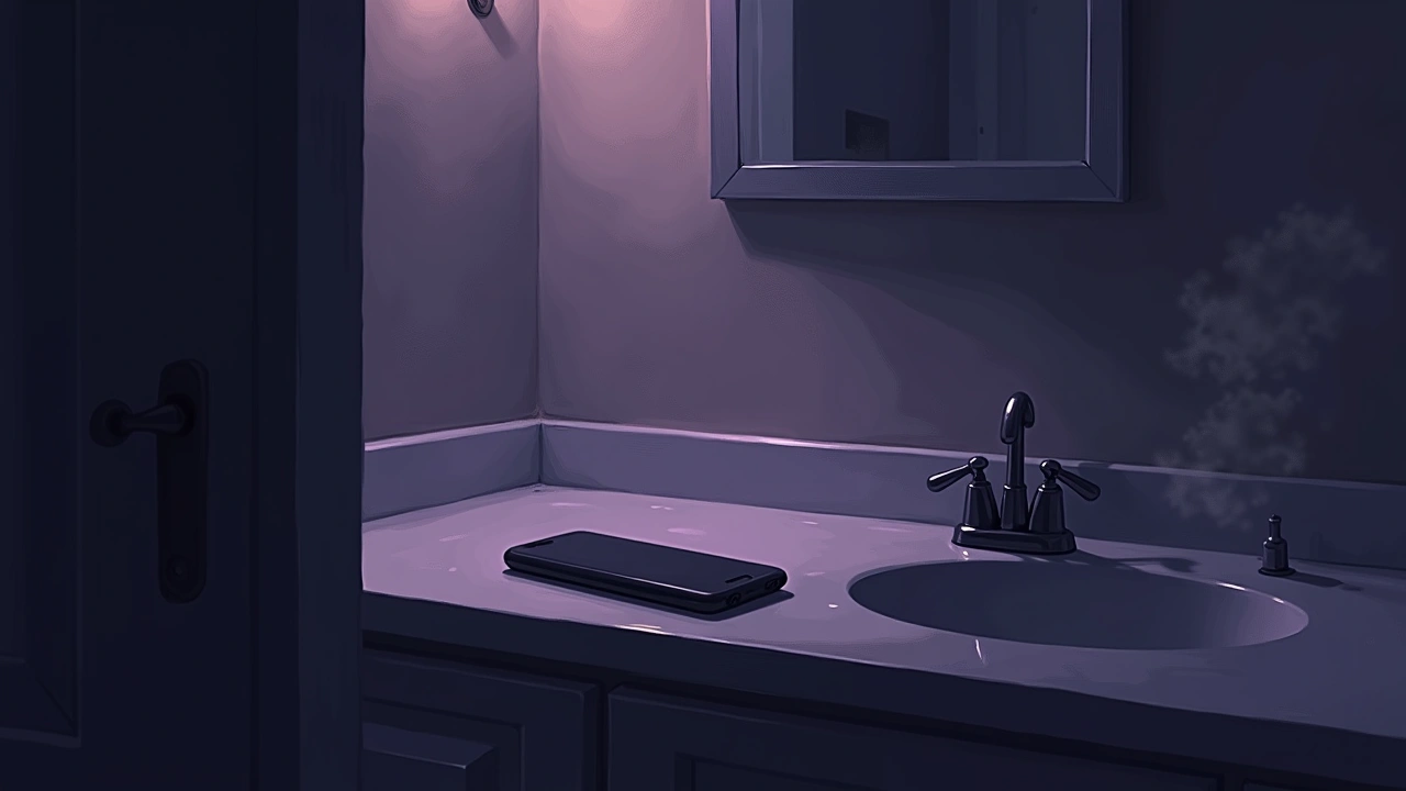 Illustration: A phone resting on a bathroom counter, steam fogging the mirror behind it.