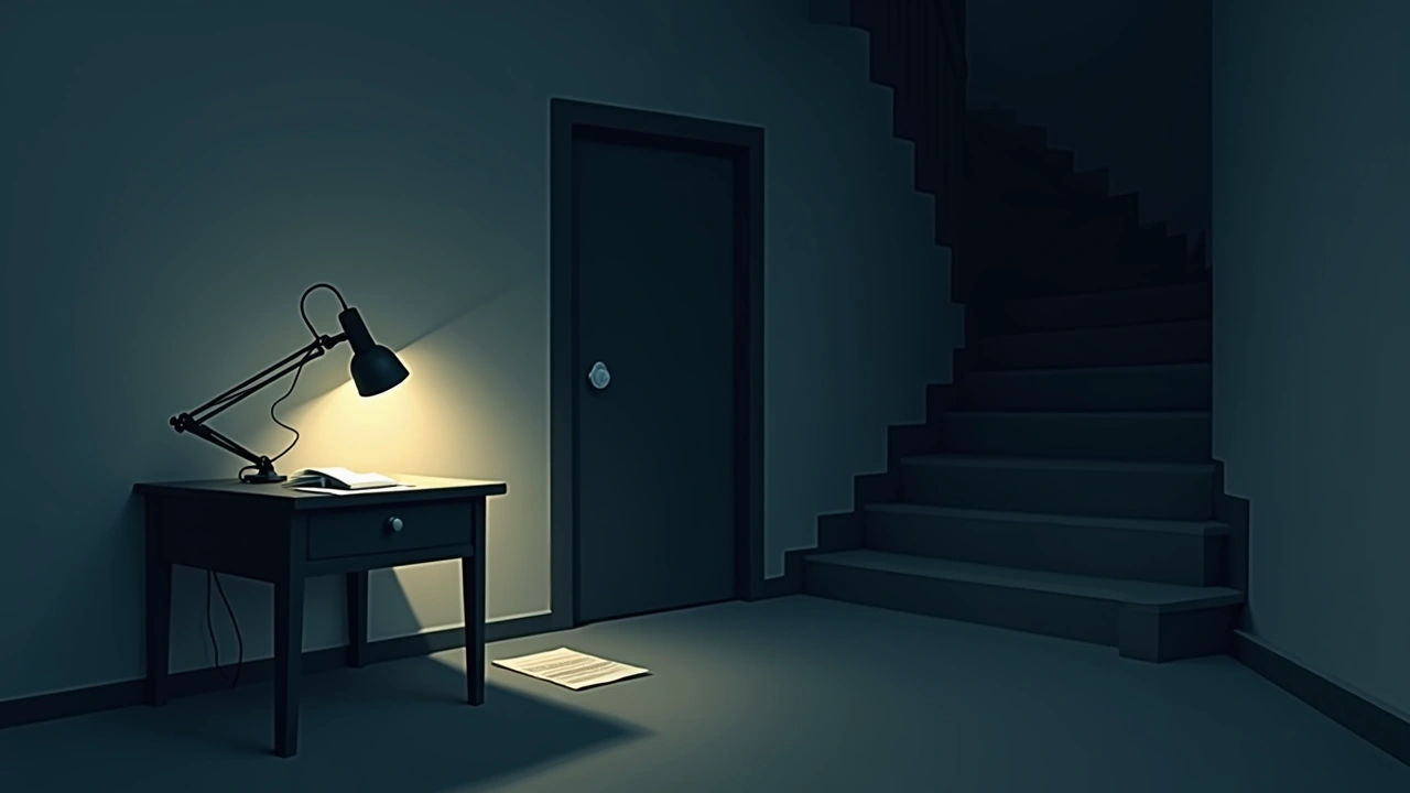 Illustration: A desk lamp glowing over homework papers at night, a shadowy staircase leading down to a basement door.
