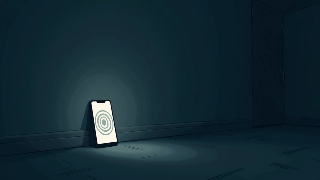 Illustration: a phone screen showing no signal, resting in a dim room.